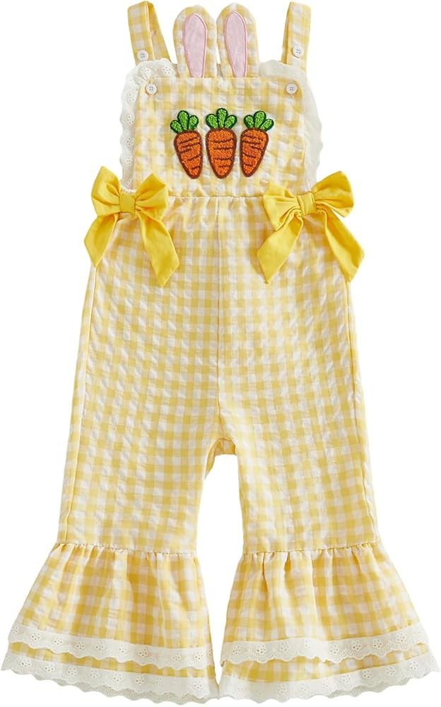 Toddler Baby Girl Easter Outfit Bunny Plaid Romper Sleeveless Jumpsuit Overalls Bell Bottoms Pant... | Amazon (US)