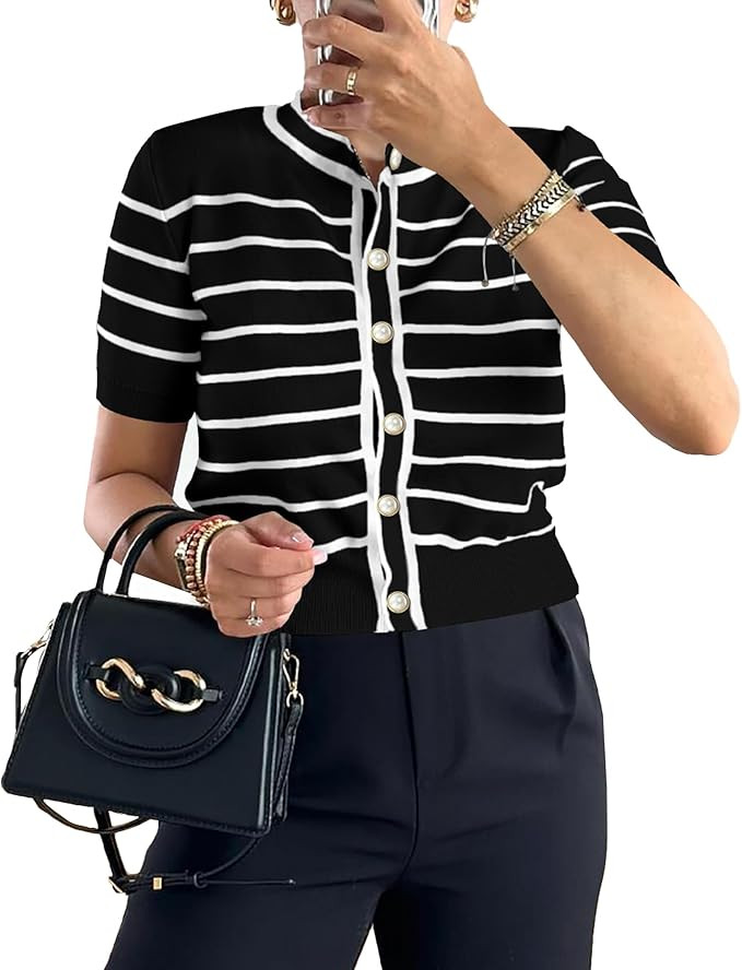 PRETTYGARDEN Womens 2024 Summer Button Down Striped Shirts Short Sleeve Knit Going Out Tops Dress... | Amazon (US)