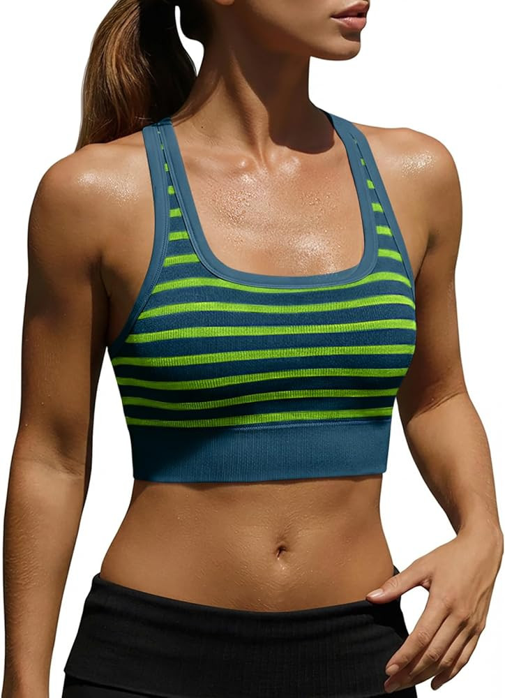 Aoysky Womens Racerback Ribbed Sports Bras Seamless Low Impact Scoop Neck Yoga Striped Cami Longl... | Amazon (US)