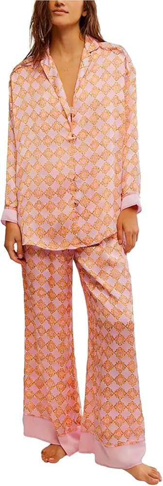 Women Satin Pajama Set Floral Silk Pajamas 2 Piece Lounge Sets Button Down Shirts Wide Leg Pants ... | Amazon (US)