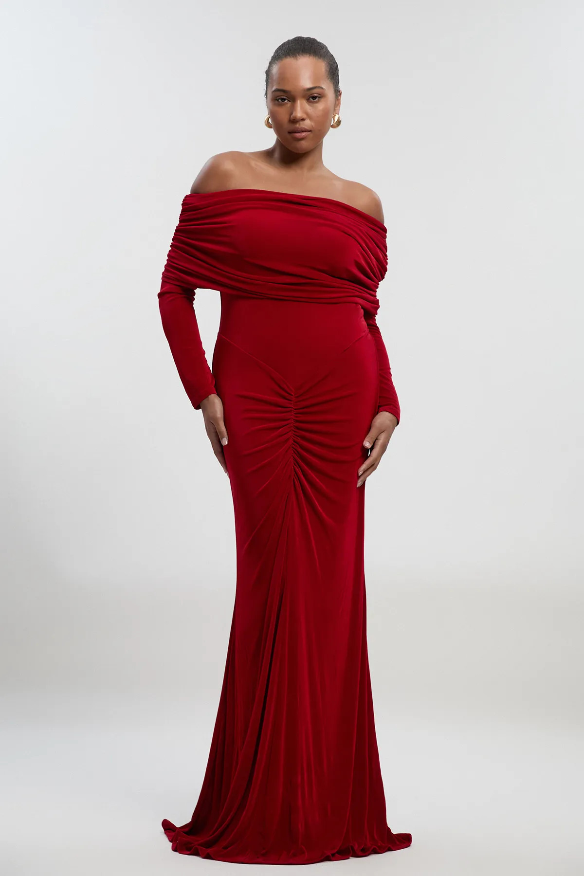 Plus Size Drapey Crepe Off The Shoulder Ruched Detail Fishtail Maxi Dress | Karen Millen UK + IE + DE + NL