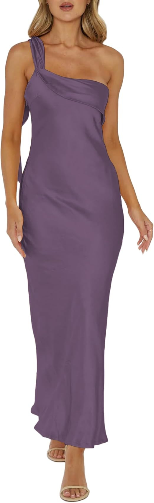 2026 Satin One Shoulder Maxi Dress for Women Summer Silk Formal Elegant Backless Ruffle Sleeveles... | Amazon (US)