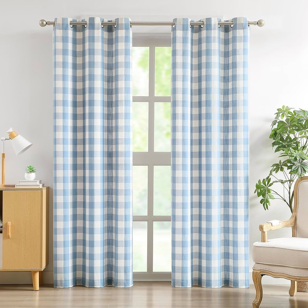 Amzdecor Buffalo Plaid Grommet Curtains 84 Inch Length, Light Filtering Semi-Sheer Check Linen Te... | Amazon (US)
