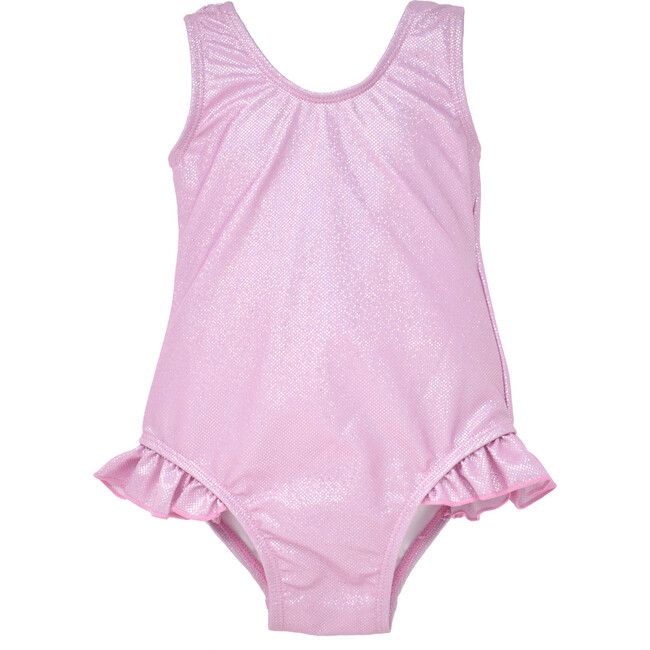Flap Happy | UPF 50 Delaney Hip Ruffle Toddler Swimsuit, Sparkling Sunset (Pink, Size 8) | Maisonett | Maisonette