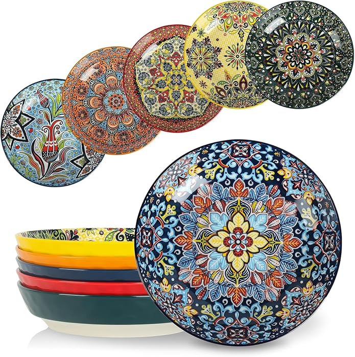 KitchenTour Pasta Bowls Set of 6-30 oz Large Wide & Shallow Serving Bowl, Colorful Ceramic Salad ... | Amazon (US)