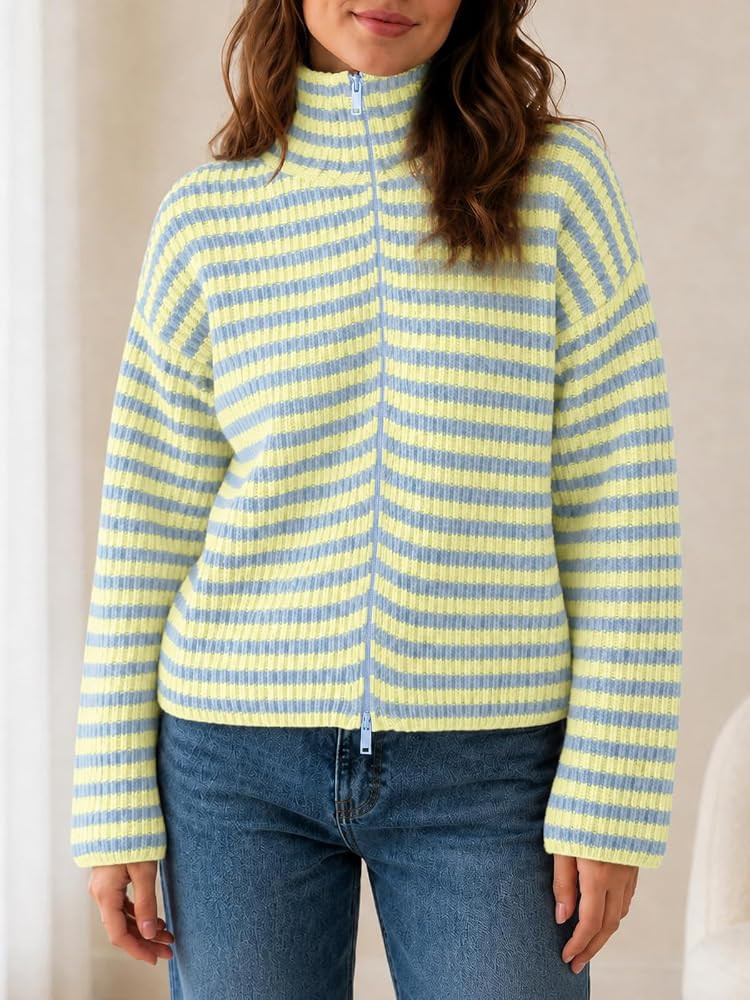 Saodimallsu Womens Striped Zip Up Sweaters Mock Neck 2026 Fall Trendy Casual Long Sleeve Loose Fi... | Amazon (US)