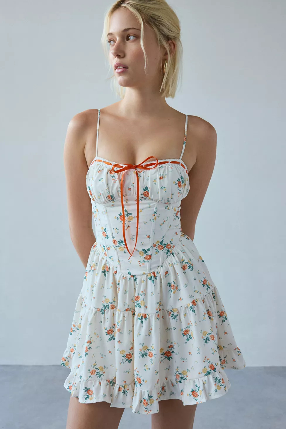 Kiss The Sky Villa Tiered Drop Waist Corset Mini Dress | Urban Outfitters (US and RoW)