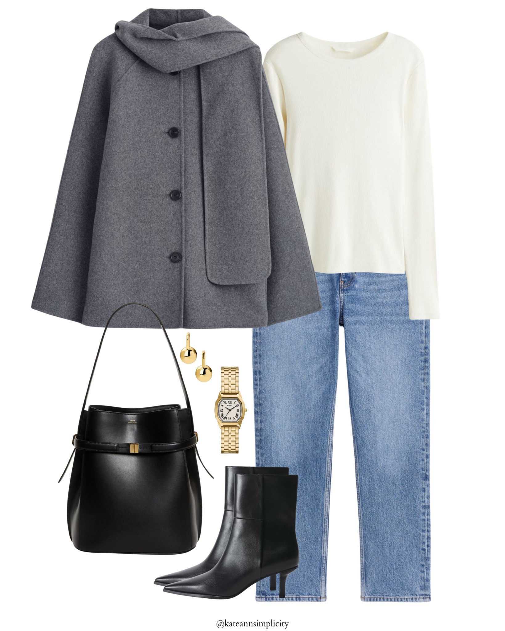 Minimalist fall outfit inspiration featuring a grey wool cape coat, cream long-sleeve top, straight-leg blue jeans, black heeled ankle boots and a structured black leather tote bag. Styled with gold earrings and a gold watch for a timeless, quiet-luxury look.
minimalist outfit, fall capsule wardrobe, quiet luxury style, chic winter coat outfit, classic denim outfit, black ankle boots outfit, elegant casual look, neutral style inspiration, street style minimalism.

#LTKstorytime #LTKCyberWeek #LTKOver40