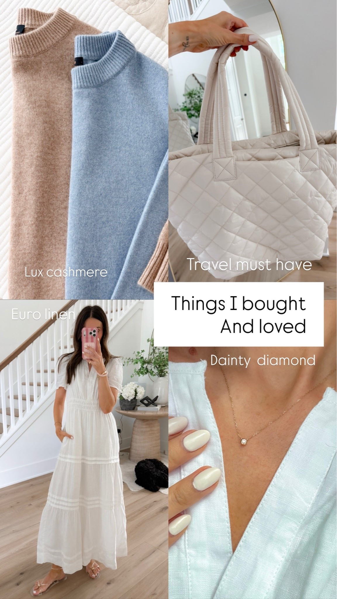 Things I bought and loved from @quince
	◦	Luxurious cashmere sweater at great price, 
	◦	dainty diamond pendant necklace (I never take it off) it’s in size 0.06, 
	◦	must have travel bag (designer for less) 
	◦	classic linen pieces like this dress 
#quincepartner

#LTKootd #LTKOver40