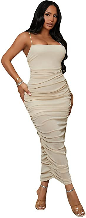 SheIn Women's Glitter Mesh Bodycon Maxi Dress Sleeveless Ruched Long Dresses | Amazon (US)