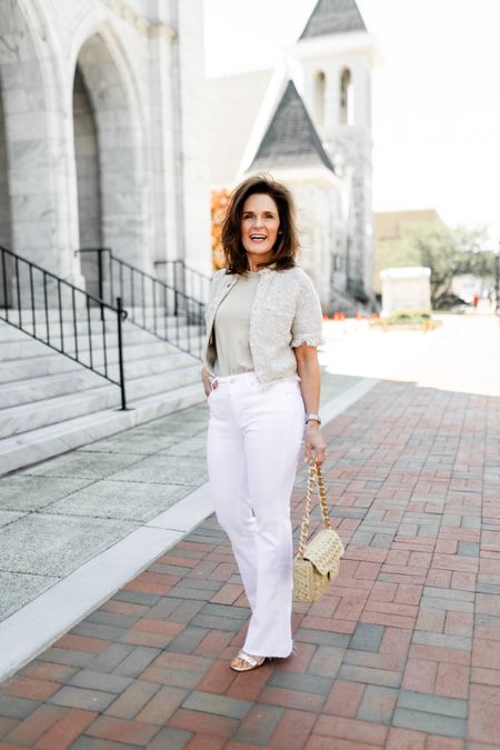 High rise flare white jeans for petites with the best fit.  The high waist makes them so flattering and the legs look so long.  Also wears my them with a 3” sandal helps.  

The gold slides from Inez are so comfortable.  Use BETH 15 for 15% off.
#ltkpetite #petite

#LTKshoecrush #LTKstyletip #LTKover40