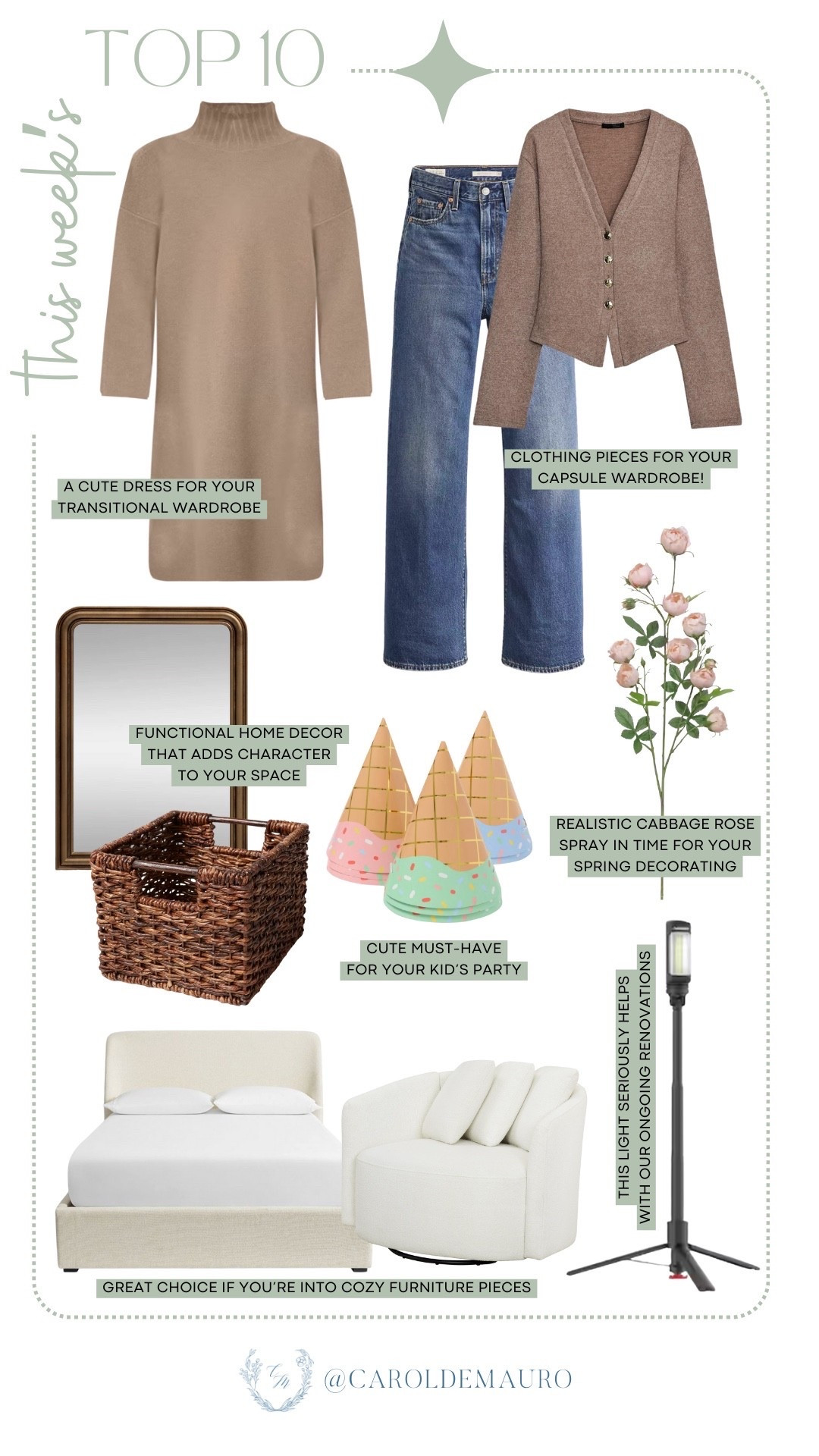 This is your Top 10 for this week – some clothing for the transition of seasons, cozy furniture pieces, functional home decor, and much more!

sweater weather, straight leg jeans, realistic faux flowers, boucle furniture, kids party esentials, renovation must haves, home organizers

#LTKHome #LTKU #LTKSeasonal
