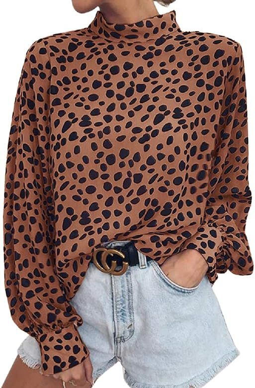 Womens Long Sleeve Turtleneck Blouse Leopard Print Loose Nightout Shirt Tops | Amazon (US)