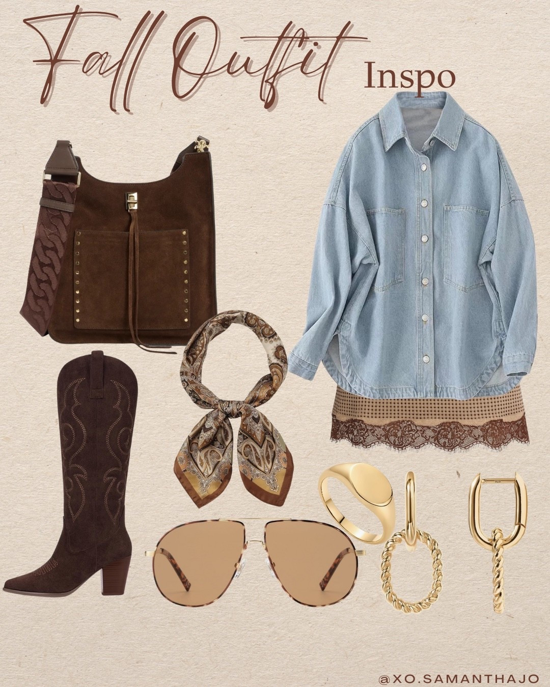 Fall outfit inspo, western outfit, country concert style, denim shirt dress, lace trim dress, suede knee high boots, cowboy boots outfit, paisley scarf, aviator sunglasses, gold jewelry, hoop earrings, statement rings, brown suede crossbody bag, boho chic fashion, Amazon fall outfit, Nordstrom style, Topshop look, Free People western outfit, western chic, fall fashion 2025, trendy country concert outfit, bohemian western style.

#LTKItBag #LTKStyleTip #LTKSeasonal