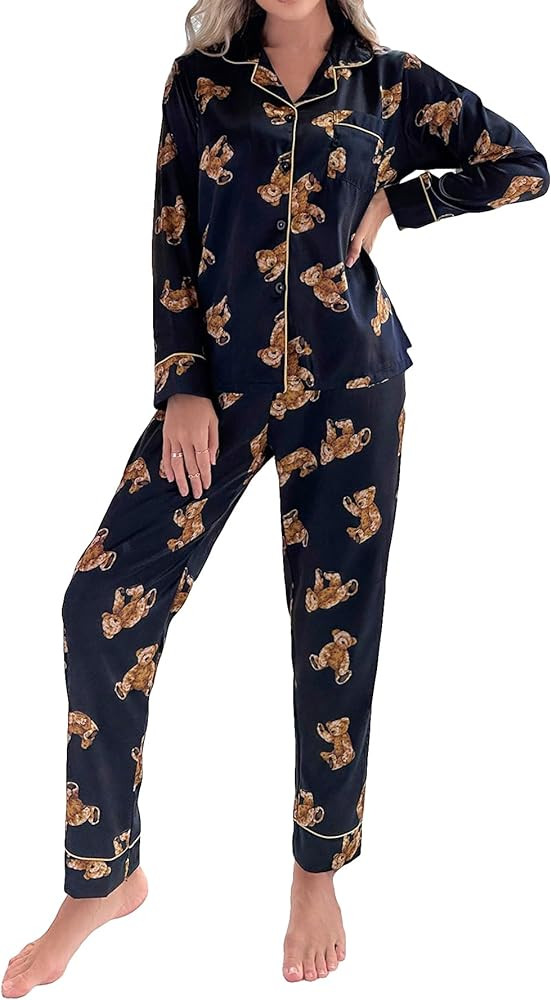 WDIRARA Women's Satin 2 Piece Pajama Sets Long Sleeve Pants Button Down Sleepwear | Amazon (US)