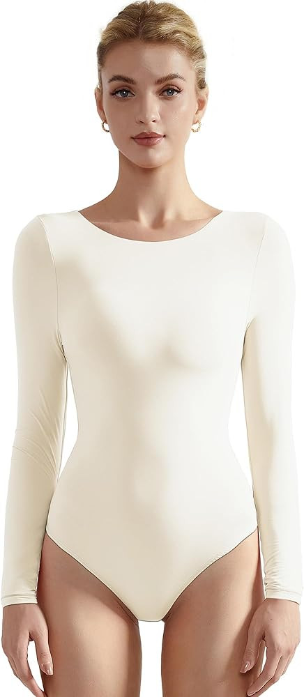 SUUKSESS Women Crew Neck Long Sleeve Bodysuit Sexy Thong Bodysuit Shirts | Amazon (US)