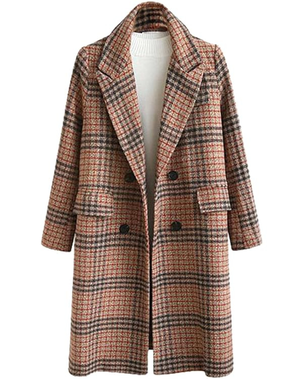 CHARTOU Women's Winter Oversize Lapel Collar Woolen Plaid Double Breasted Long Peacoat Jacket | Amazon (US)