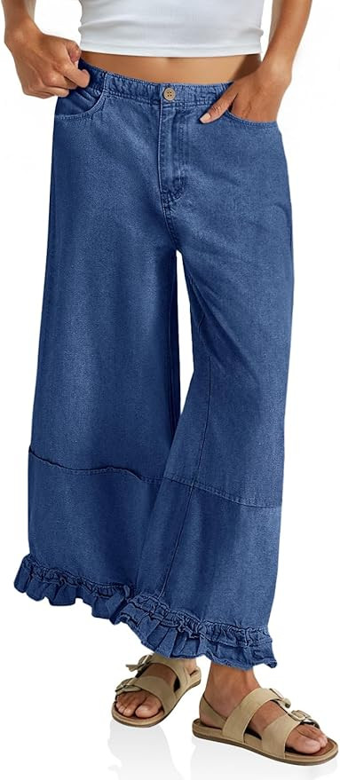 Cicy Bell Womens Ruffle Wide Leg Jeans Cropped Elastic High Waisted Baggy Denim Pants with Pocket... | Amazon (US)