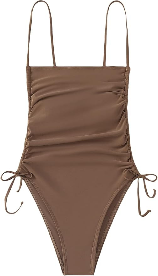 SheIn Women's One Piece Swimwear Drawstring Tie Side Wireless Bathing Suits Monokini | Amazon (US)