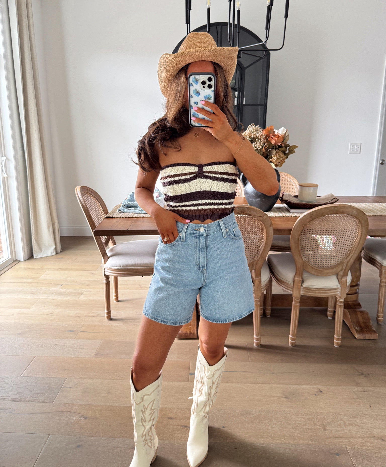 Sun, strings, and southern things ☀️🧶 Rockin’ a crochet knit strapless top, jean shorts, and cowboy boots — ready to turn up the country charm! 🤠

#LTKStyleTip #LTKSeasonal #LTKBeauty
