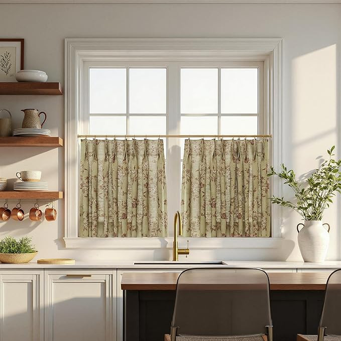 TWOPAGES Pinch Pleat Cafe Curtains 24 Inch Long Floral Half Window Curtains for Bathroom (Scarlet... | Amazon (US)