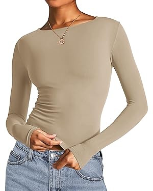 AKEWEI Long Sleeve Crop Tops for Women 2 Pack Fall Going Out Outfits Cute Tight Basic Tees Shirt | Amazon (US)