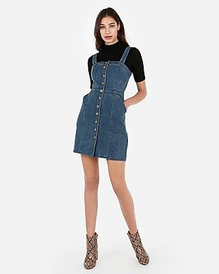 button front seamed denim mini sheath dress | Express