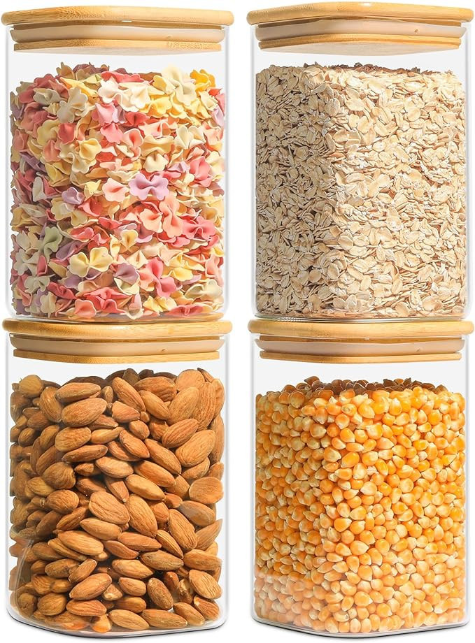 KTMAMA Square Glass Storage Containers Set of 4, Clear 37oz Glass Food Storage Jars with Airtight... | Amazon (US)