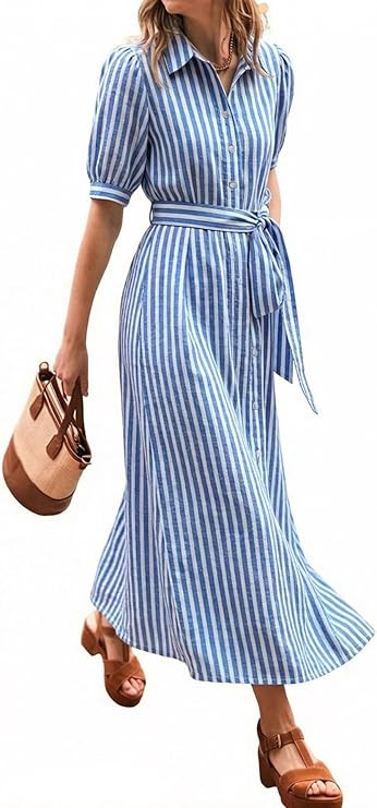 CHARTOU Women’s Striped Shirt Dress Summer Casual Puff Short Sleeve Button Down Midi Dresses wi... | Amazon (US)