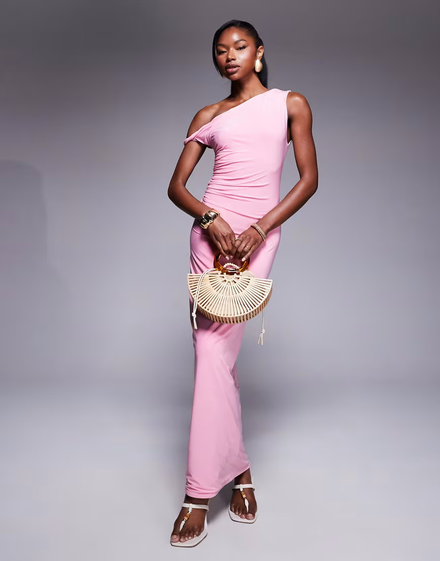 Kaiia exclusive slinky bodycon off shoulder twist strap maxi dress in light pink | ASOS (Global)