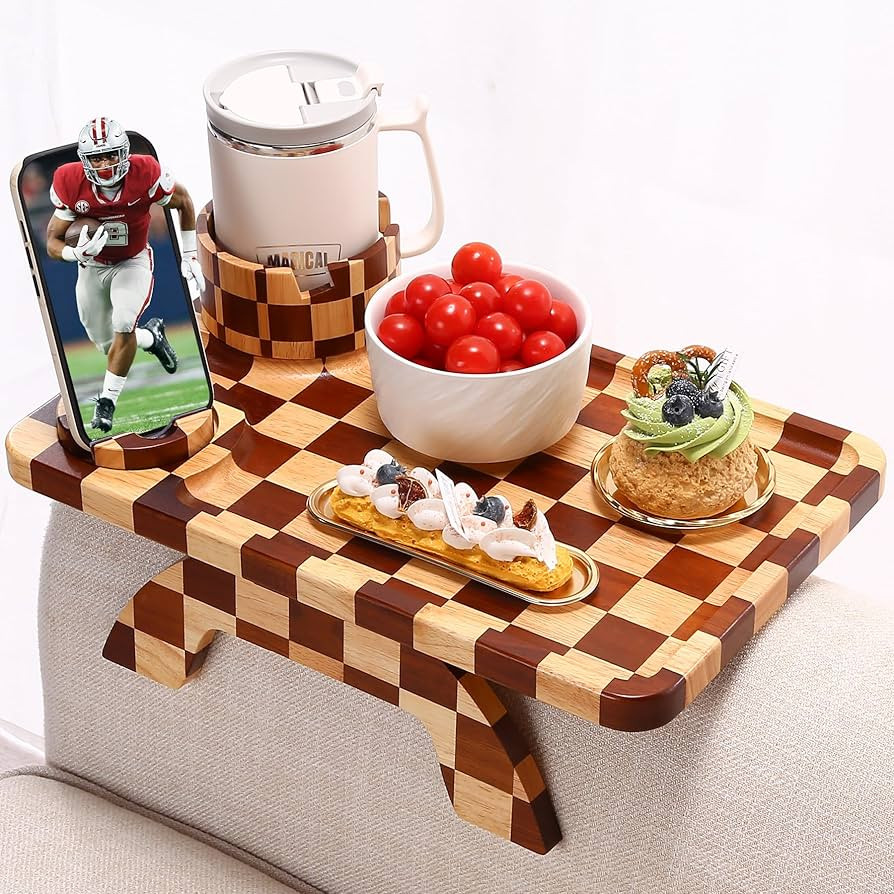 Checkered Rubber Wood Couch Arm Tray, Sofa Armrest Tray with Rotating Cup Holder & Phone Stand, L... | Amazon (US)