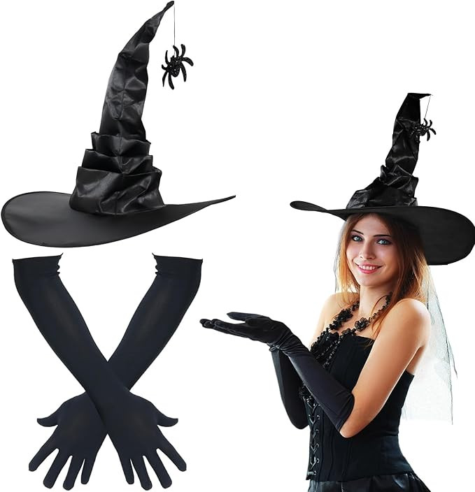 HSSPYY Karneval Hexenhut und Lange Handschuhe Set – Faltbarer Hexenhut mit Spinnenanhänger & 4... | Amazon (DE)