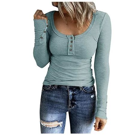 COBKK Womens Tops Trendy Women s Casual Solid Color Buttons Long Sleeve V-Neck Loose Shirt Blouse To | Walmart (US)