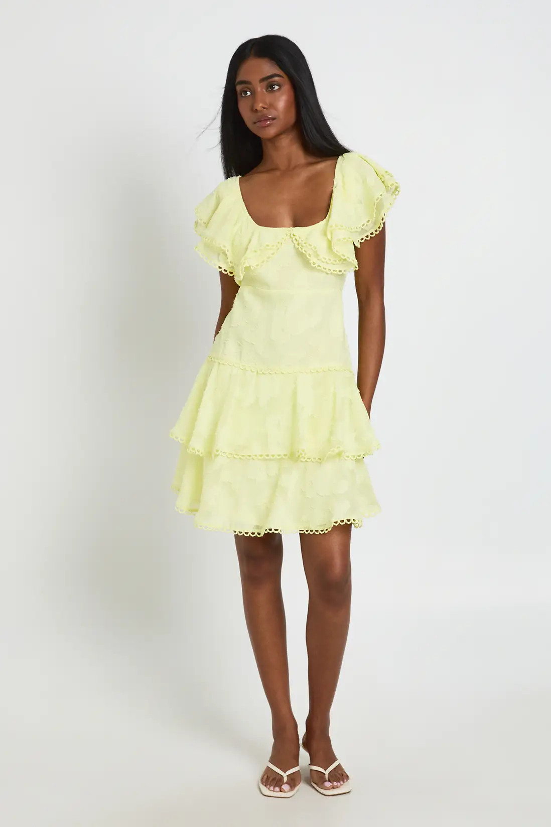 Lemon Occasion Burnout Open Back Ruffle Detail Mini Dress | Boohoo USA | boohoo (US & Canada)