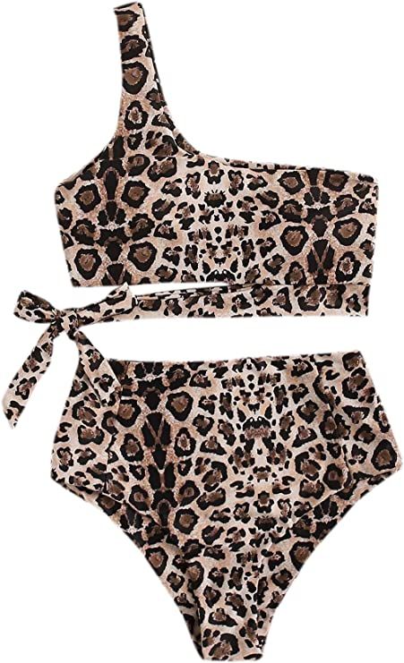SheIn Women's 2 Pieces Leopard Print One Shoulder Tie Waist Bikini Swimwear Set | Amazon (US)