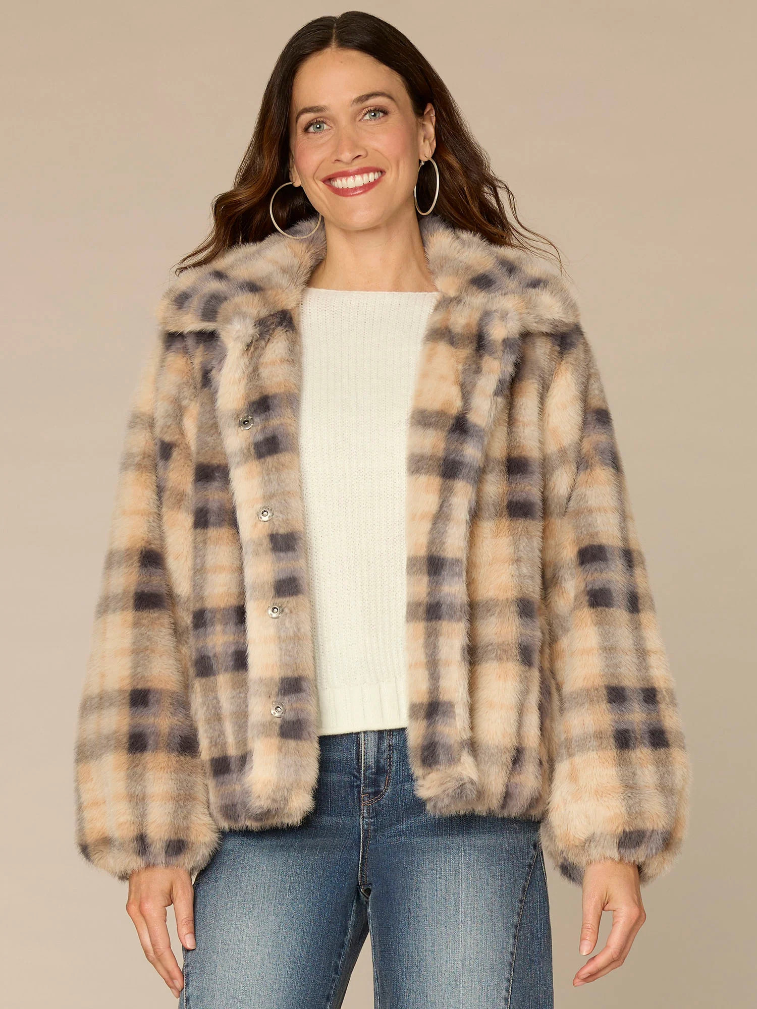 Blouson Sleeve Collared Button Front Plaid Woven Faux Fur Jacket | Democracy Clothing