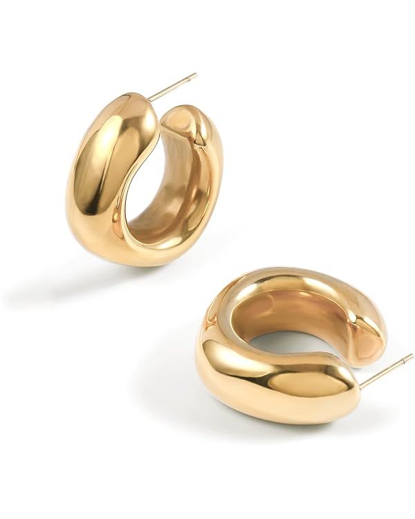 Chunky Gold Hoops Earrings for Women Thick 18K Real Gold Plated Open Hoop Lightweight Hollow Earr... | Amazon (US)