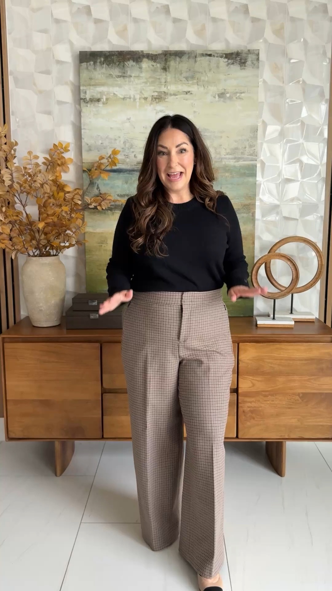 Classic fall workwear outfit 🤎 Black wool crewneck sweater tucked into brown houndstooth plaid wide-leg trousers with a tan tote and black cap-toe pumps. Elevated office style for fall.

Sizing: Spanx plaid pants run TTS — wearing XL Petite but roomy, would size down to L. Amazon wool sweater TTS, wearing L.

#LTKOver40 #LTKMidsize #LTKSaleAlert