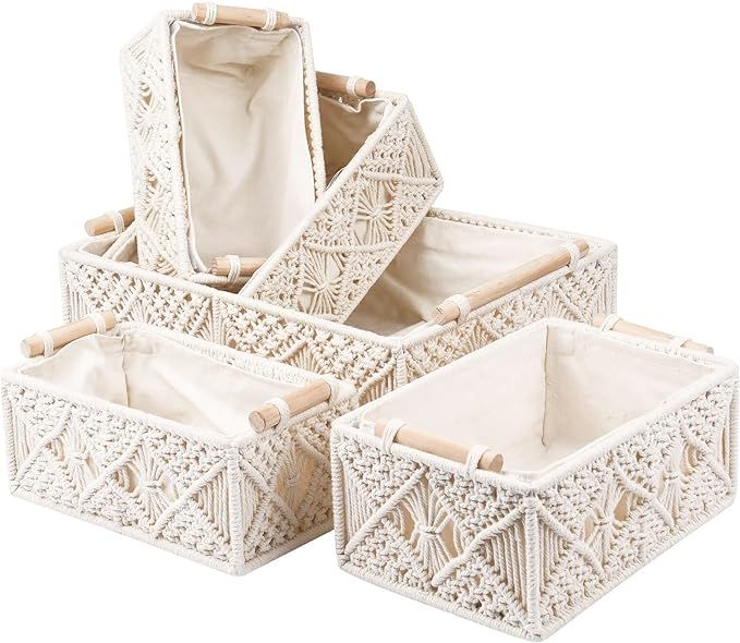ANMINY 5PCS Macrame Storage Baskets Set Handmade Woven Cotton Rope Storage Bins Decorative Boxes ... | Amazon (US)