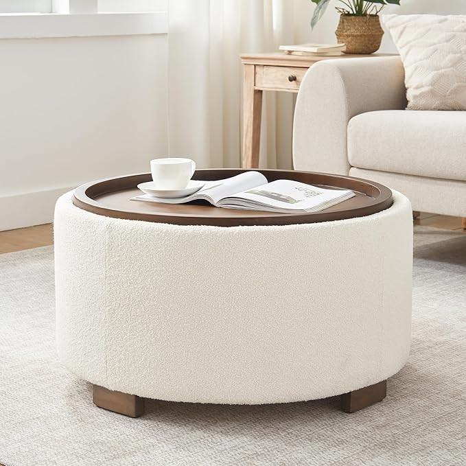 30 Inch Round Storage Ottoman Coffee Table, Modern Boucle Ottoman with Lift-Off Lid and Solid Woo... | Amazon (US)