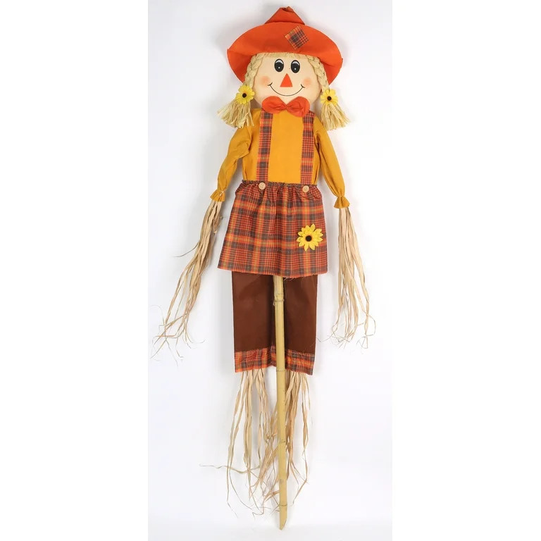 Harvest Scarecrow in Orange Plaid Overalls Yard Stake Decor, 60 in, by Way To Celebrate | Walmart (US)