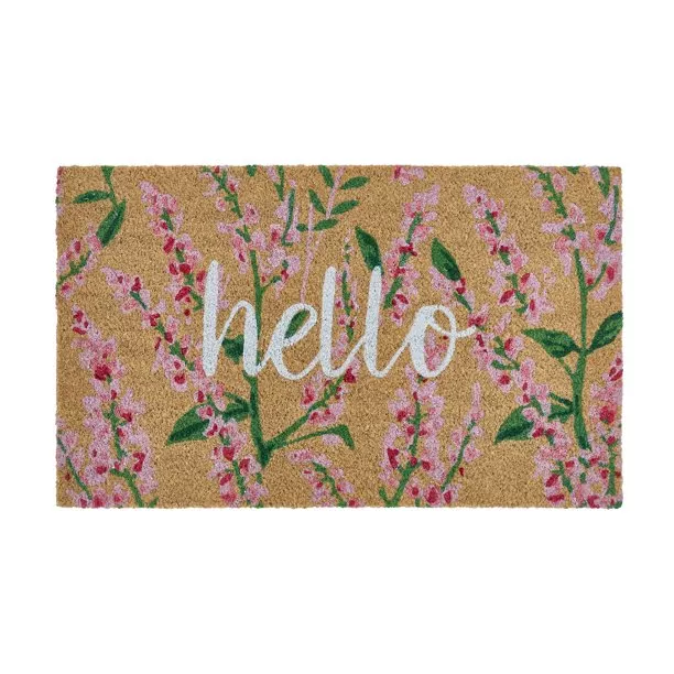 Hello Floral Natural/Pink Coir Outdoor Welcome Doormat, 18 x 30