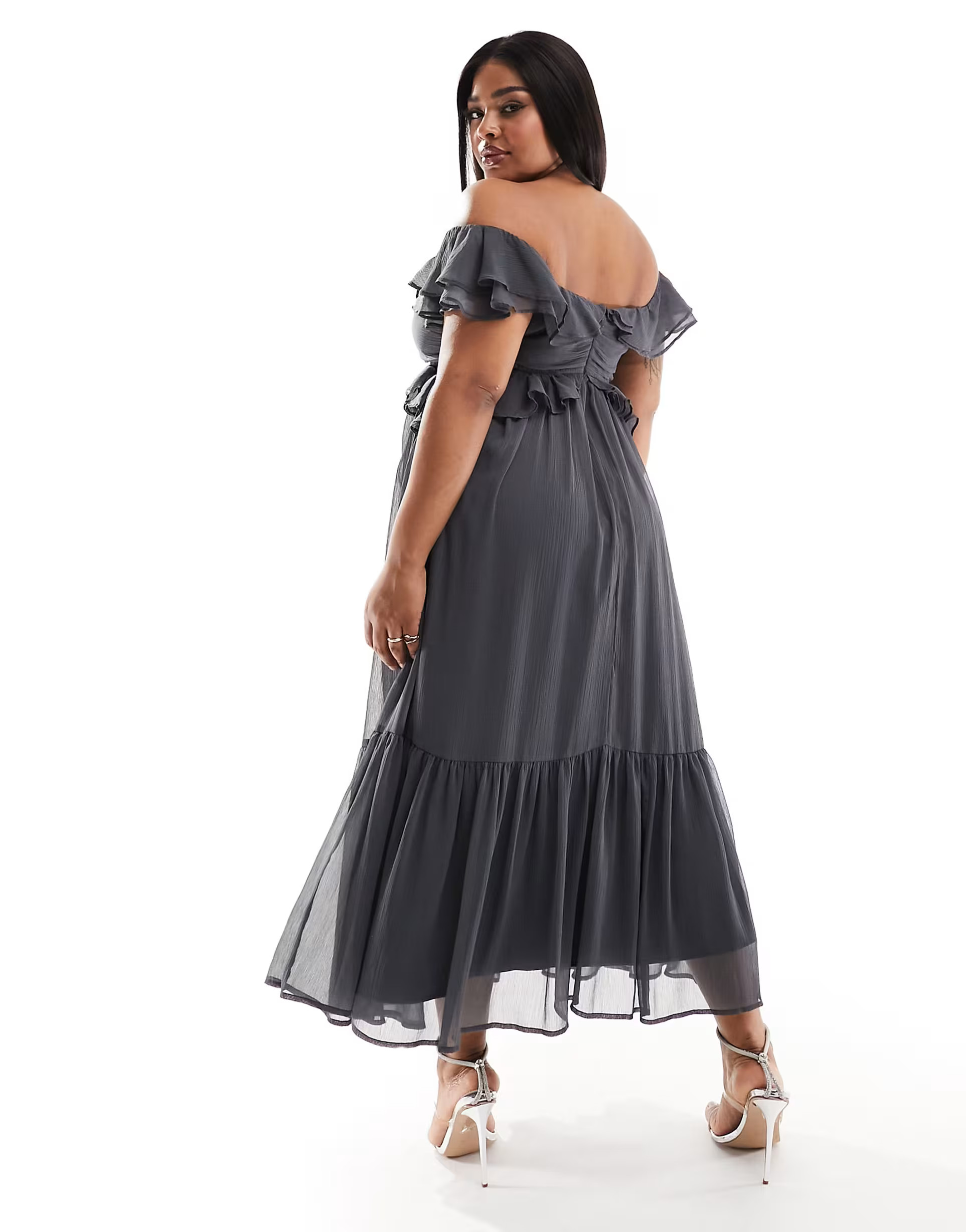 ASOS DESIGN Curve ruffle cut out off the shoulder midi dress in charcoal  | ASOS | ASOS (Global)