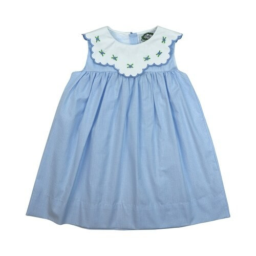 Blue Gingham Scalloped Collar Rosette Dress | Cecil and Lou