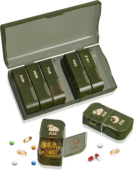 Weekly Pill Organizer 2 Times a Day, 7 Day AM/PM Pill Box, Portable Medication Dispenser with Chi... | Amazon (US)