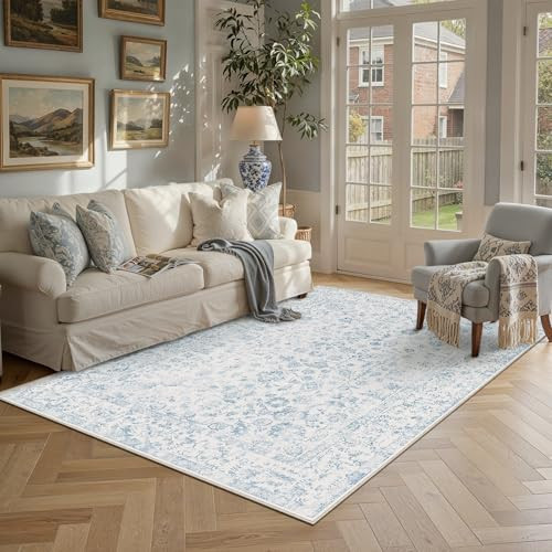 PureCozy 5x7 Softer Blue Area Rug Non Slip Vintage Living Room Distressed Machine Washable Carpet Traditional Indoor Bedroom Softer Blue Retro Floral Throw Rug for Office Kitchen Dorm Dining Room | Amazon (US)
