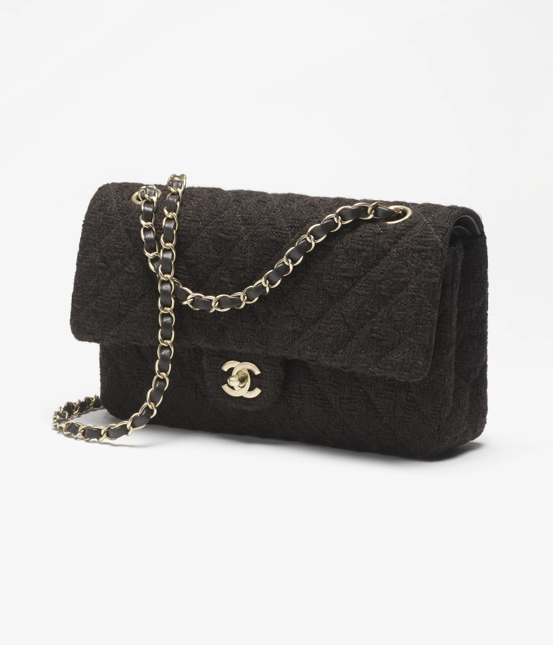Classic 11.12 handbag, Wool tweed & gold-tone metal, dark brown — Fashion | CHANEL | Chanel, Inc. (US)
