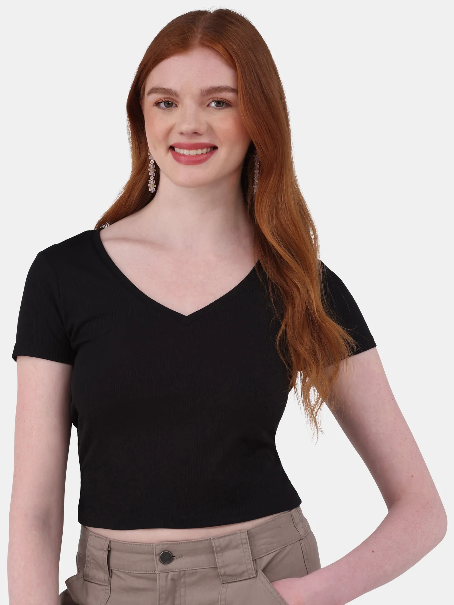 No Boundaries V-Neck Crop Rib Tee, Women's | Walmart (US)