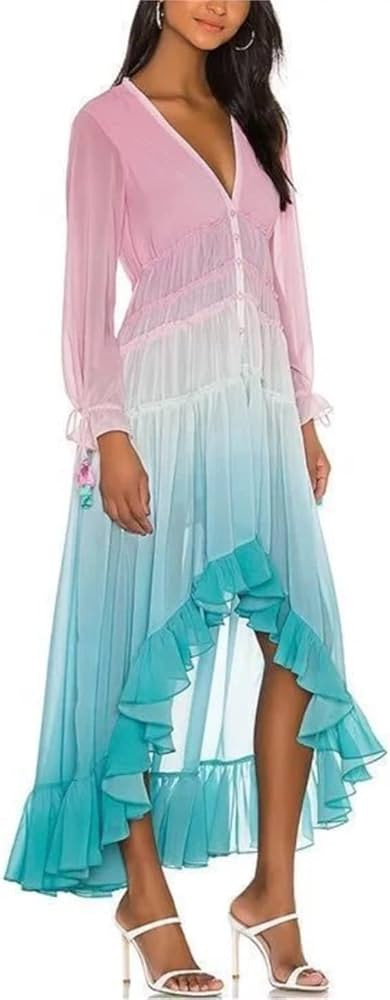 Women's Summer Bohemian Dress Printing Gradient Maxi Dress Patchwork Color Party Dress | Amazon (US)