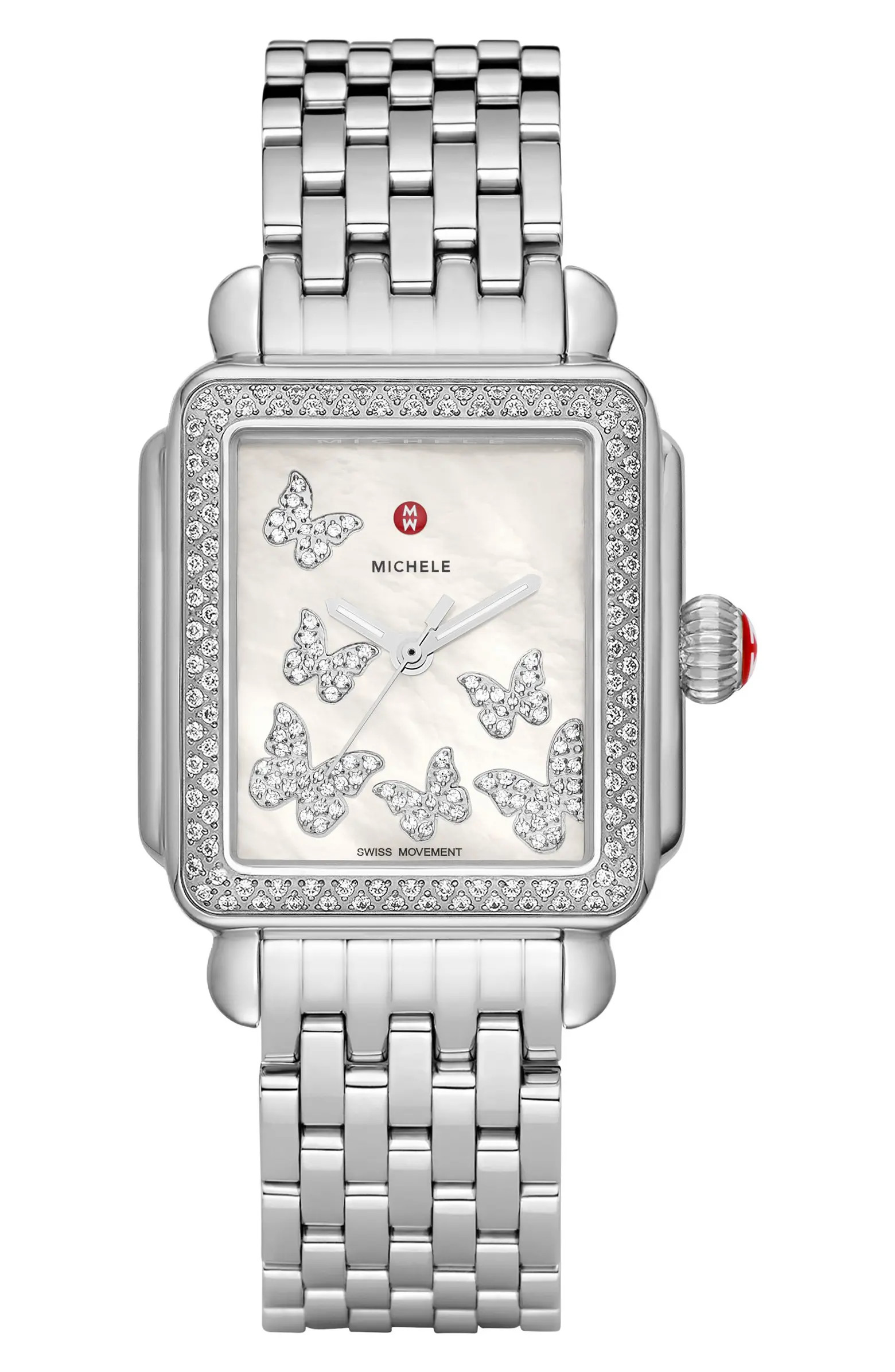 Deco Butterfly Diamond Watch Head & Stainless Steel Bracelet, 33mm | Nordstrom